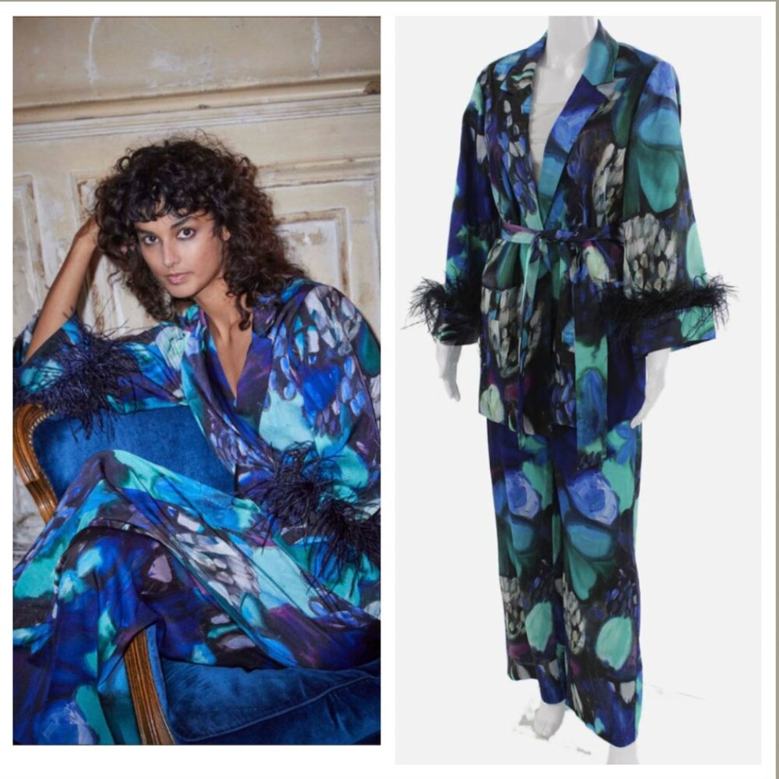 Nwt Ungaro Lily Tie-Waist Floral Feather Jacket Pants Kimono Lounge Set L